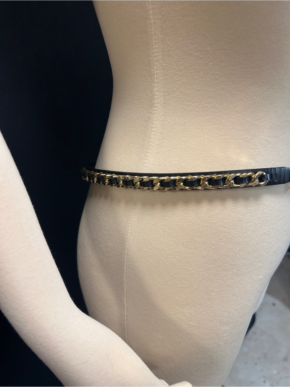 RW&CO. Black Leather Belt with Gold Chain Detail